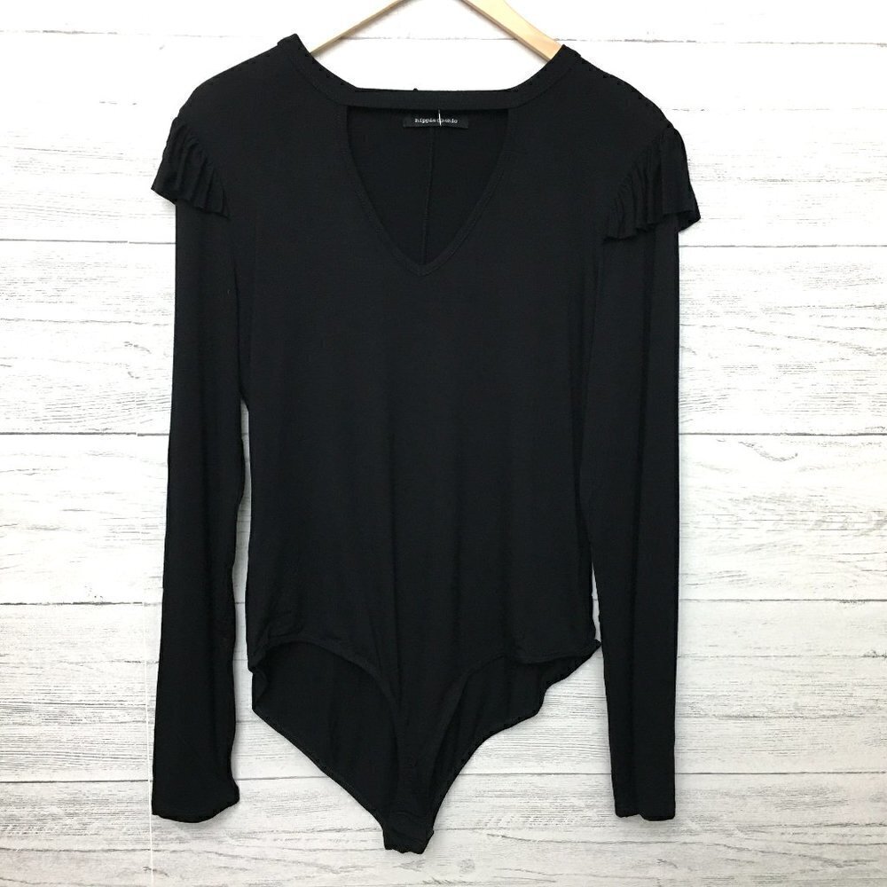 NEW Hippie Chic Women's Black Bodysuit Long Sleeves Snap Bottom size XL